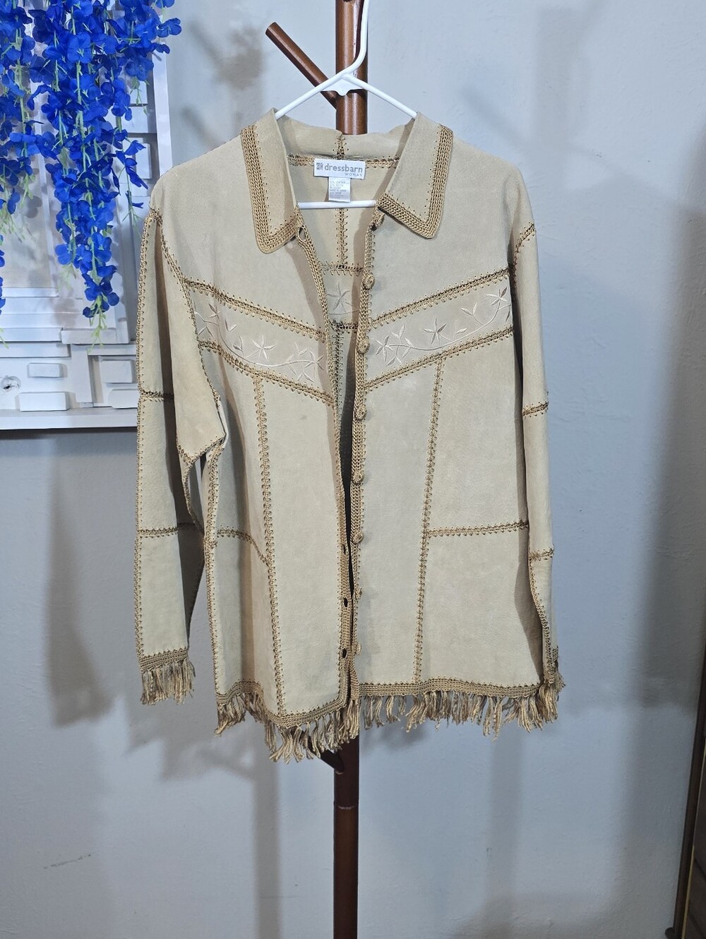 Dressbarn Y2K Beige Fringe Suede Button Front Jacket Sz XL